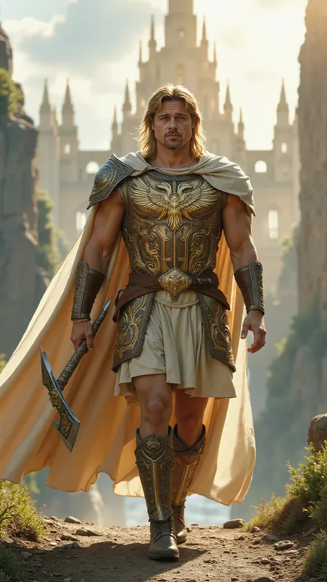 Brad Pitt  reimagined as a majestic god Baldur walking and holding mighty battle-axe､dramatic atmosphere, 1 male､ 

His golden-blond hair falls in effortless waves, framing a face untouched by age or fear. His piercing sky-blue eyes gleam with warmth and u...