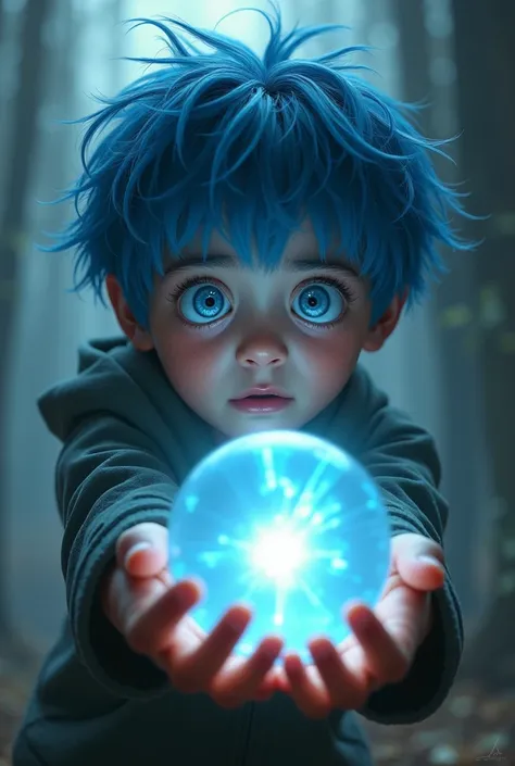  A boy with blue hair with a sphere in his hand scared, Letting go 