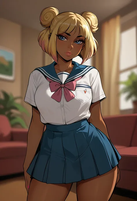 score_9,score_8_up,score_7_up,score_6_up,chromatic aberration,1girl,muko,dark skin,dark-skinned female,blonde hair, blue eyes,school uniform, gyaru,short twintails,makeup,Muko make-up,dark,under light,posing,sexy,indoors,living room,blurry, blurry backgrou...