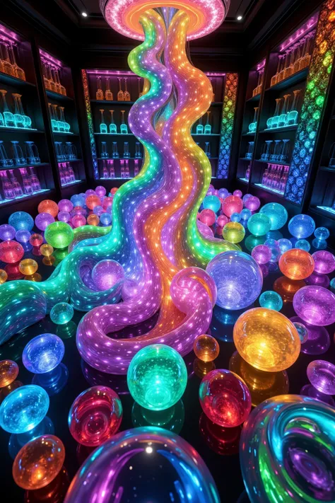 Extreme glow and shine reflect off glass orbs glass bubbles, in a room full of mirrors spheres full of fizzing neon colored liquid spill into reflective bubbles,and the mirrors reflect all the objects. Incorporate perfect symmetry and rotational symmetry. ...