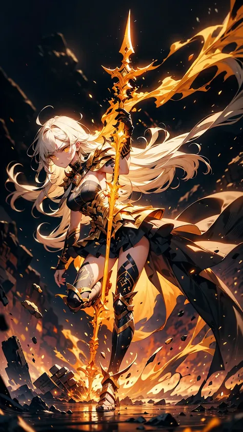 " A warrior with long white hair , messed up by the wind, and intense yellow eyes . Your body is strong and toned,  but covered by an imposing stylized Spartan armor , black with gold details.  She holds a Spartan spear firmly on an ancient battlefield,  s...