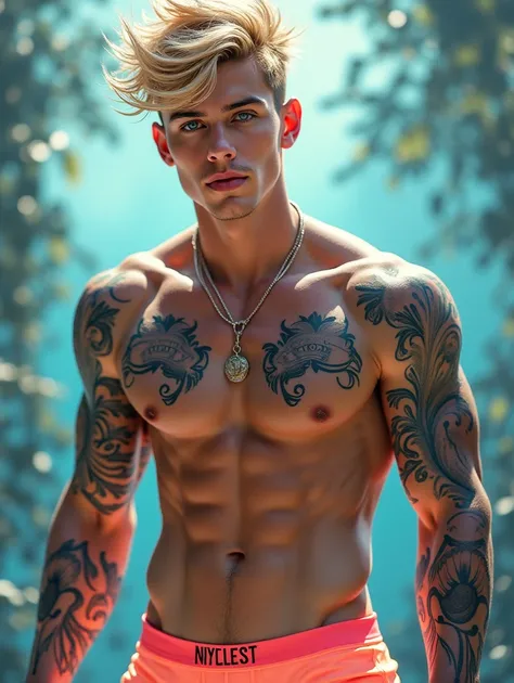 Fantasy art portrait of a handsome, fit, 21-year old English male pop star with blonde hair, blue eyes, tattooes, wearing a tight peach-colored jock strap