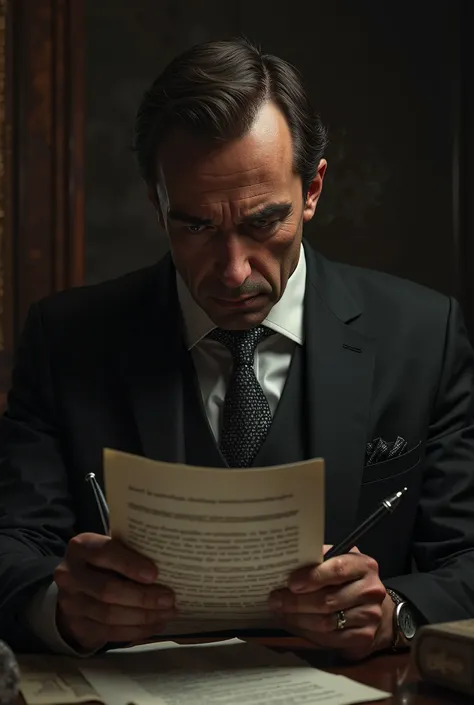 A picture of a mafia man who analyzes and looks at a paper and does not care and holds a pen