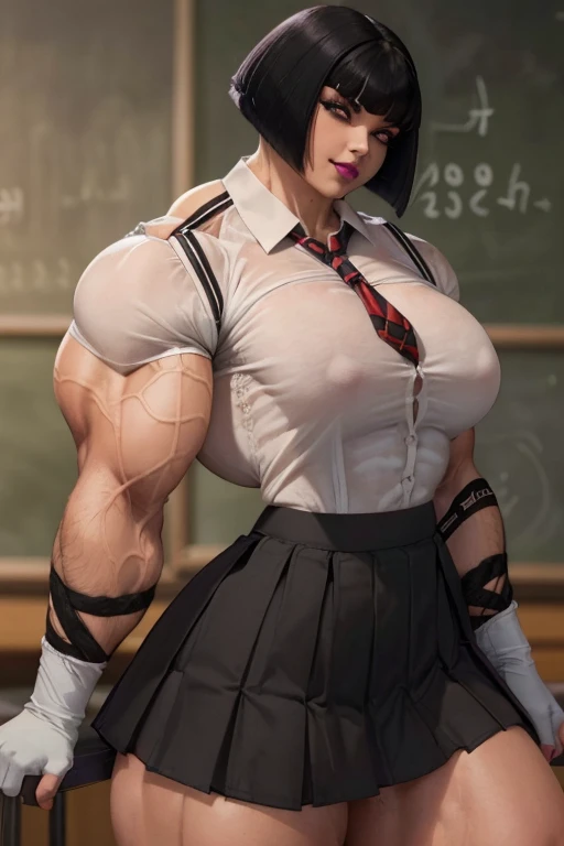 ((Close-up)), tall, (black hair), beautiful muscular woman, (angled bob cut), white skinned, closed smile, large breast, (black lipstick), (massive muscles), (hyper muscle), ((ginormous bulky muscles)), crimson eyes, (((((schoolgirl uniform shirt))))), (((...