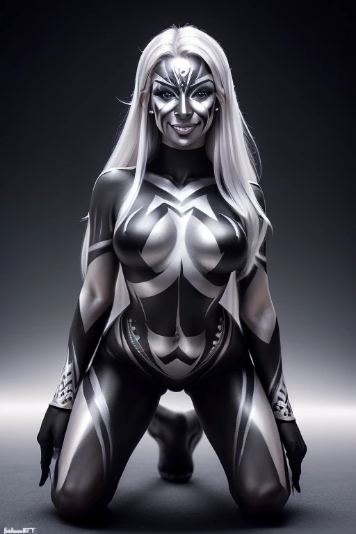 (  Software :1.3),  high quality , Elf, (Black paint on the whole body and face :1.3), (silver block check body paint:1.3), (Black gradient paint on the tips of the arms and legs:1.3), Photo   exists,    Silver Hair,   Big Breasts,    exists, smile,    bik...