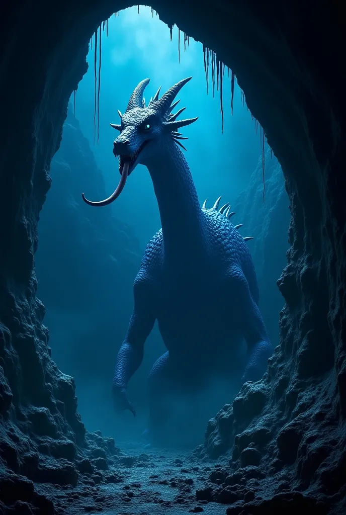 a dark cave shaped like an oval and from which a blue dragon is coming out of it sticking out its tongue