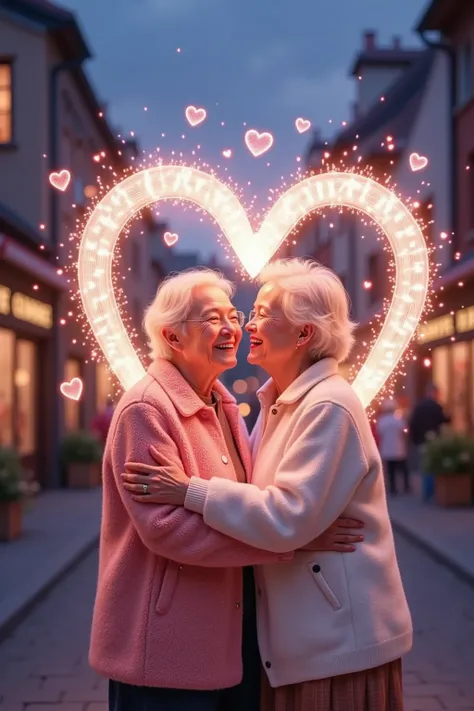 3Dlike心形状灯光动态效果, Light Particles, Elderly couple's warm hug , spark, Luminescence, "like" text, dusk,  night view of the city,  cityscape, Pink and blue, ( masterpiece,   best quality :1.2)