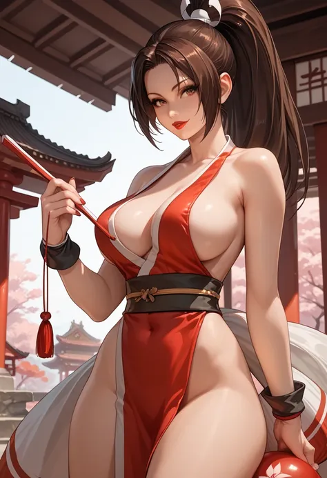 woman, big breasts, red lipstick, anime style, white skin, brown hair, japanese temple, Shiranui Mai 