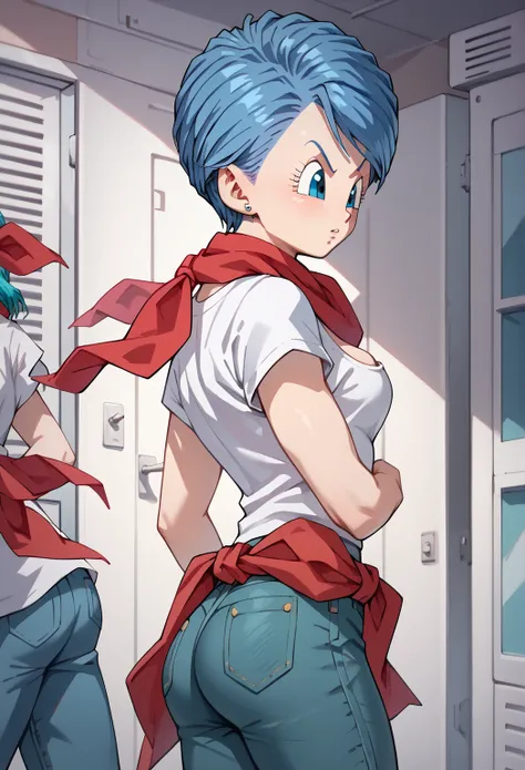 Original style, Bulma,  short ass hair, blue eyes,  Blue Hair,  white short sleeve shirt, jeans,  red scarf around the neck , cowboy boots  