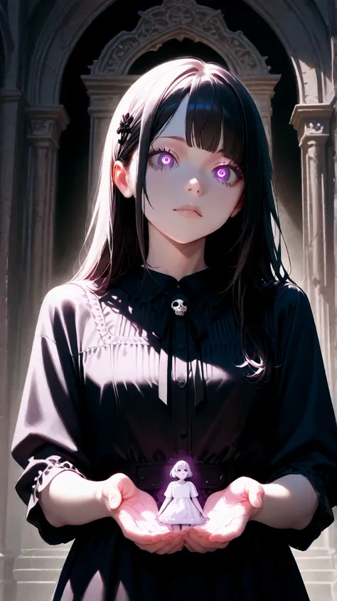 plano americano, young goth girl with black flowers in her hands, she is levitating. Background: cEMETERY, RAVENS