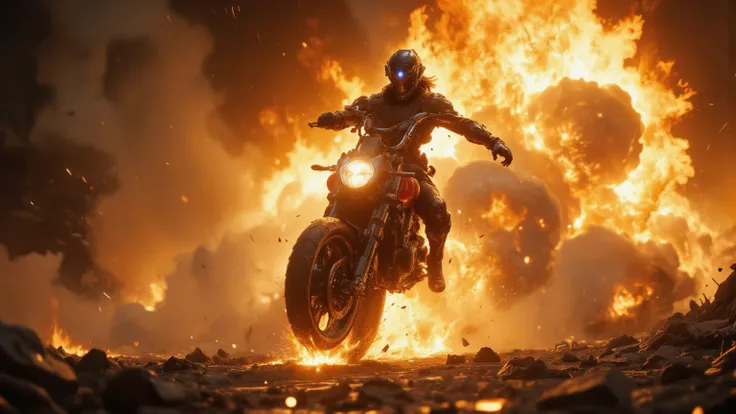 Sacrificial Move
Seeing no escape, the protagonist triggers their bike’s self-destruct sequence, leaping off at the last second. The explosion engulfs the pursuing mercenaries in flames.