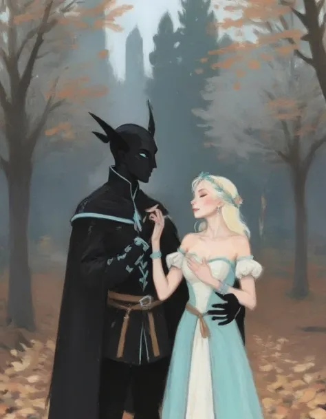 score_9, score_8, score_7, score_8_up, score_7_up, 1 male dark_elf embracing 1 beautiful woman in the woods, couple standing in the woods, portrait painting, wearing a medieval clothing, pastel colors, flat shading, vibrant colors, neon highlights, cartoon...