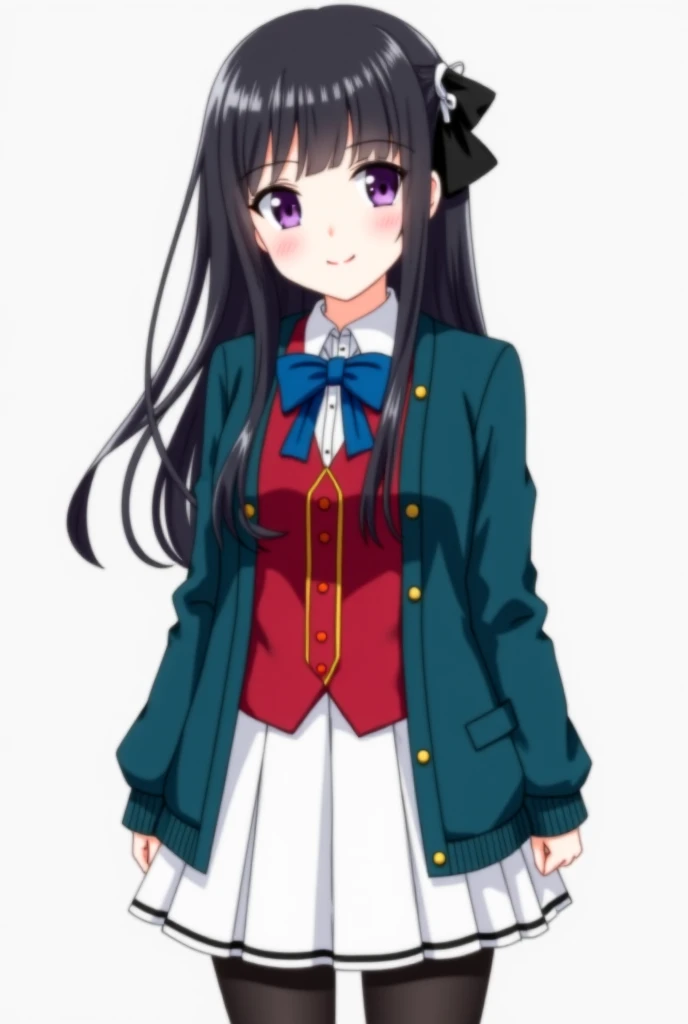 A girl in the style of the anime Classroom of the Elite,  with black hair, long and with straight bangs,  the hair adorned with a black ribbon with white in the middle, purple eyes,  soft white skin ,  with school uniform , a shy expression , With a slight...