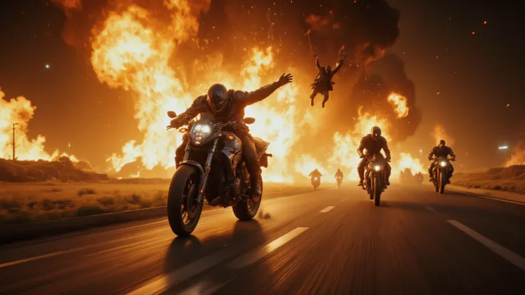 Sacrificial Move
Seeing no escape, the protagonist triggers their bike’s self-destruct sequence, leaping off at the last second. The explosion engulfs the pursuing mercenaries in flames.