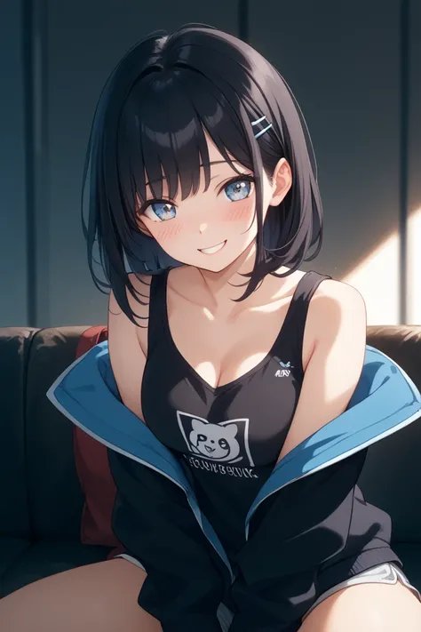  1 girl、 tank top、 spats、smile、 I'm embarrassed、 top quality、 uncensored、 black hair、 hoodie