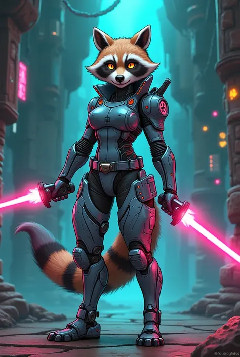 "Anime girl, raccoon anthropomorphic cyborg, hybrid animal-human-mecha design, Soul Knight game style. Features: segmented mechanical tail with laser tip, heterochromatic eyes (organic amber + holographic UI), plasma cannon arm, hydraulic legs with thruste...