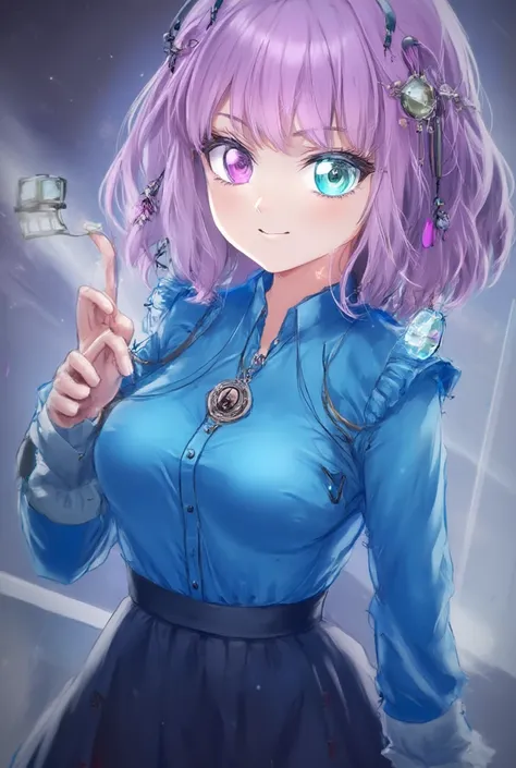  A girl, short and straight hair in the color purple . Her eyes heterochromia, one eye green and the other lilac,  Jovial and charismatic look,  semi-realistic anime version .  She wears a bright blue blouse with a black skirt, and wears a time clock , a g...