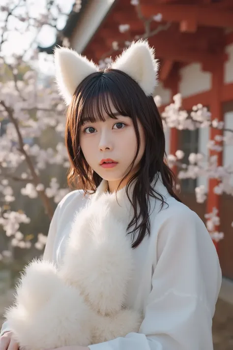 「A woman whose fox turned into a monster、 is a beautiful woman with the characteristics of a fox 。The fox's ears and tail are visible 、 leaving a slight expression of a fox on her face 。 The woman has long black hair 、 wearing a white kimono 。 The backgrou...