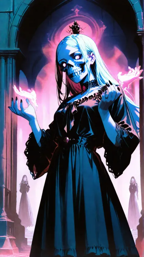 plano americano, goth girl, Skull in her hands, she is levitating. Background: cEMETERY, RAVENS