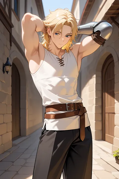 BEST QUALITY, ULTRA DETAILED, HIGH DEFINITION, ALONE, 1boy, slim, toned, blonde hair, short unruly hair, light brown skin, black pants, wide pants, shirt, sleeveless, silver forearm protectors, brown belt, hands behind head, walking down a medieval street....