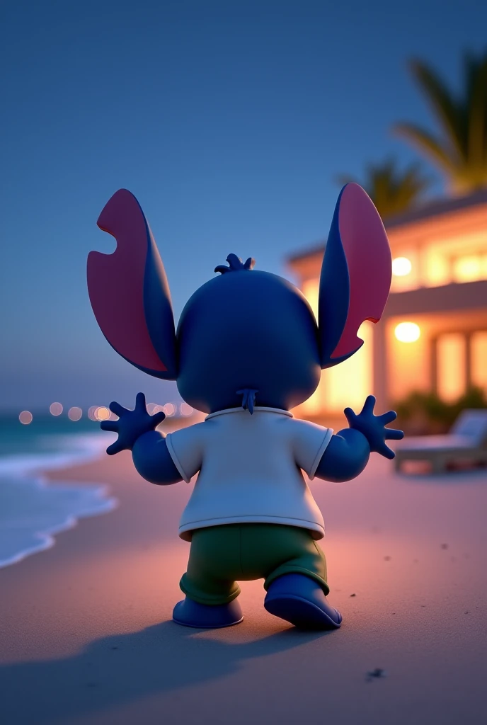  Stitch dressed in a white shirt and green pants.  backwards. with tears in his eyes, Very sad screaming and running at high speed towards a villa on a beach at night. with hands raised.with lights.  Pixar 3D style  