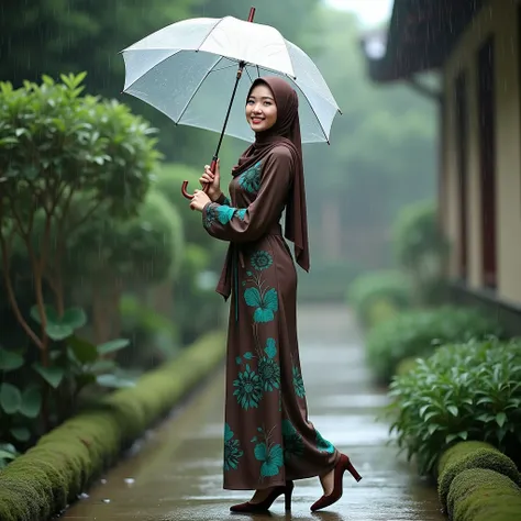 showing full HD high resolution, a beautiful woman wearing a hijab with a clean, smooth Korean face
,smiling faintly, wearing a fashion suit, luxurious dress in dark brown, turquoise green pattern and white with green flower patterns,dark brown heels, a la...