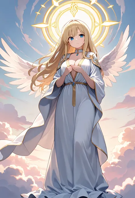 masterpiece, best quality, very aesthetic, absurdres, safe, (masterpiece), best quality, heaven, a female angel, blonde hair, blue eyes, angel robe, cleavage, clouds scenery