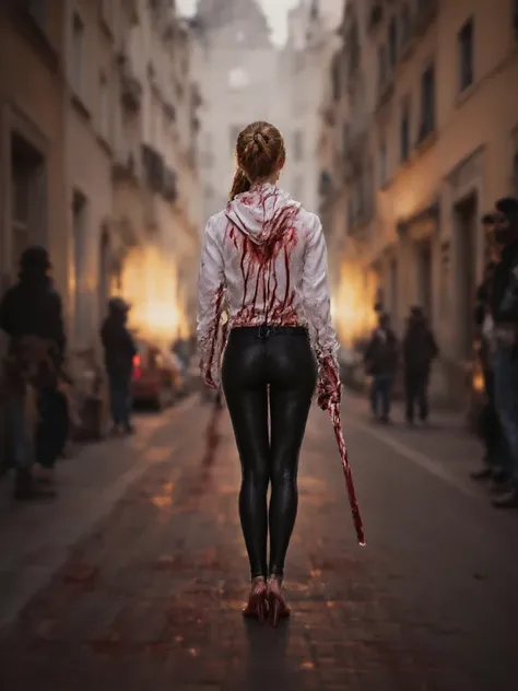 Realistic, masterpiece, ultra-detailed, blood, bloody, everything burning, fires, black smoke, blood spray, warzone, bloody, death, bloody solo girl, blood puddles everywhere, full body in picture, Young girl ninja, small butt, skinny, short, in the distan...