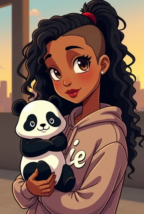 GTA animation style, woman 25 years old,  brown eyes, light brown skin ,  with long curly black hair, shaved on the side with an M written on the head ,  wearing Lexie written sweatshirt , holding panda 