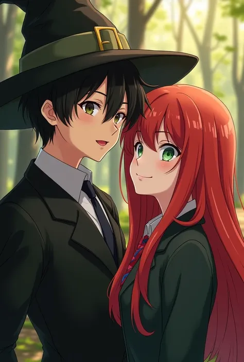  Generates an image of a pretty red-haired girl of approximately  who studies at a witchcraft school, next to her  "enemy"an attractive young boy with black hair and green eyes who also studies at a witchcraft academy and is  and half of them a 15-year-old...