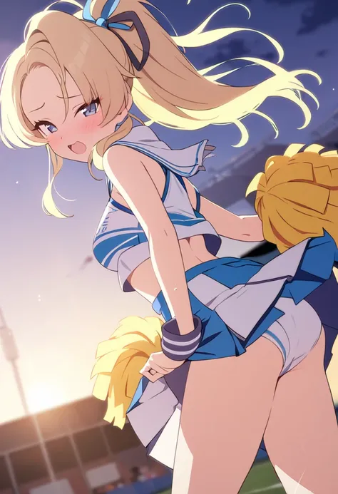 (masterpiece, best quality), 1girl, solo, kawaii, cheerleader, blonde hair, skirt lifted by windy