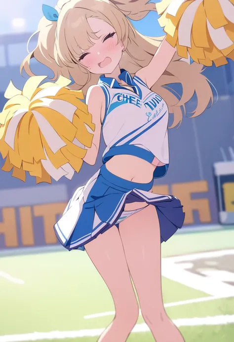 (masterpiece, best quality), 1girl, solo, kawaii, cheerleader, blonde hair, skirt lifted by windy