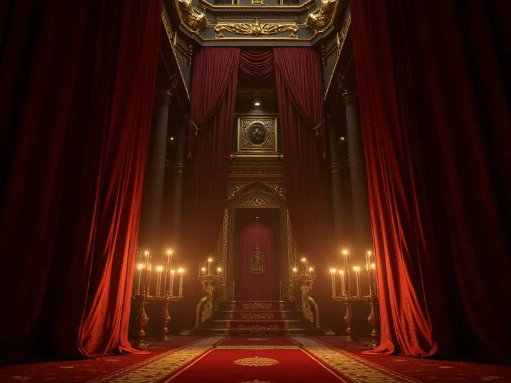 Inspired by golden palaces, but with low lighting, creating a dramatic effect.

Long curtains and candles in the background, enhancing the elegant aesthetics.