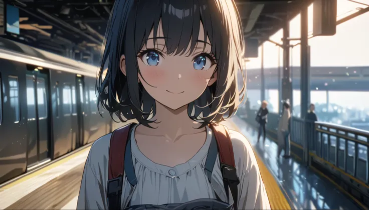 one girl,black hair and bob hair、beautiful blue eyes、smile、gentle smile on her face、flat chest, one Beautiful girl,((masterpiece, illustration, best quality) ((ultra-detailed))\,, She is waiting in a Japanese train station and it's above ground , she is we...