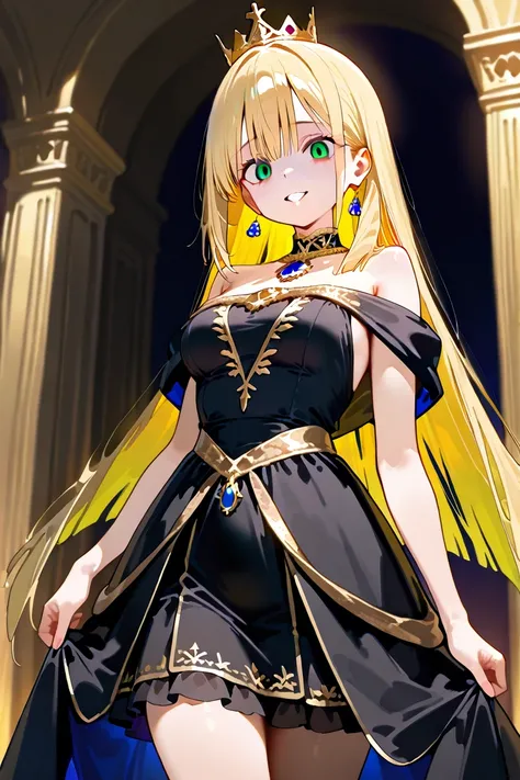 BEST QUALITY, ULTRA DETAILED, HIGH DEFINITION, SOLO, 1 girl, slim, medium breasts, green eyes, blonde hair, medium straight hair with layered ends, royal dress, black dress with gold details, short dress with ruffles, yandere. Background: walking through a...