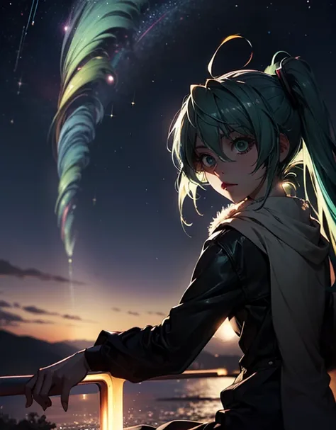 Hatsune Miku, score_9, score_8_up, score_7_up, source_anime, night, Meteor shower 