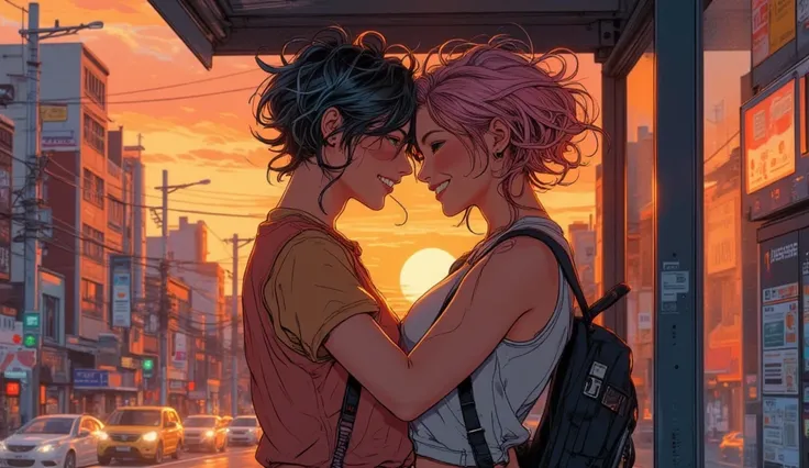 absurdres, highres, real, (realistic), (4k), 8k, A couple hugging each other on the Bus stop, a happy-looking woman, random hair, big eye, ([green | shining] eye ), beautiful style, BREAK (Ultra-definitive background, beautiful background:1.2), the sunset ...