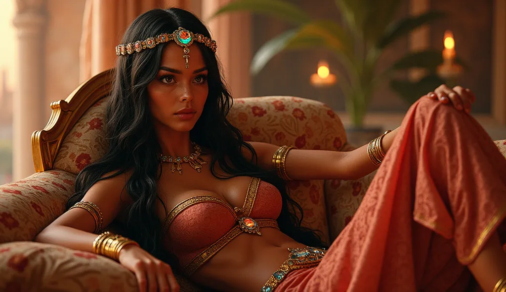 A breathtaking Martian princess reclines gracefully on an opulent, alien-designed sofa inside her grand palace. Her long, flowing black hair cascades over her shoulders, framing her striking, deep eyes. Her skin glows with a rich, coppery red hue, illumina...