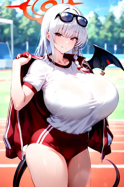 (masterpiece), (best quality), source_anime, solo, look at viewer, smile, kurodate haruna \(blue archive\), white hair, red eyes, demon girl, bangs, braid, single braid, long hair, halo, black tail, black wings, buruma, gym shirt, gym uniform, jacket, jack...