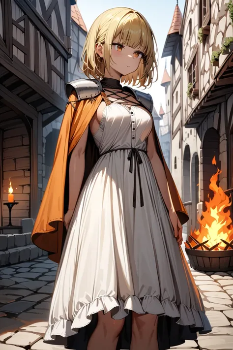 BEST QUALITY, ULTRA DETAILED, HIGH DEFINITION, ALONE, 1girl, slim, blonde, short layered hair on the shoulders, bangs, medium breasts, rustic dress, white dress, thin straps, shabby outfit, standing. Background; in a medieval city on fire.