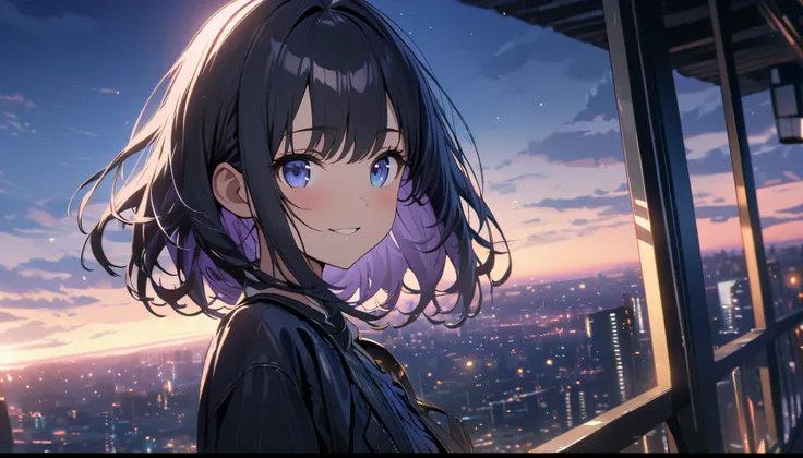 one girl,black hair and bob hair、beautiful blue eyes、smile、gentle smile on her face、flat chest, one Beautiful girl,((masterpiece, illustration, best quality) ((ultra-detailed))\, a girl wearing sunglasses (sunglasses), Behind is the cityscape in the evenin...