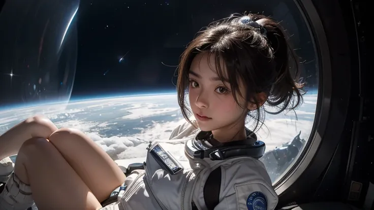  A 15-year-old brown-haired Asian girl in a ponytail was staring at the starry sky of the moon and the Milky Way through the glass of a space helmet.  she was wearing a revealing spacesuit , Clear clothing material ,  and has snowy white thighs . chest, ro...