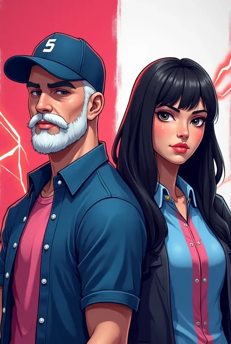  Free Fire  ,  male and female gamer style character with a cap from the second elite pass in the men's and the one from the women's straight black hair  , the two characters with white beards  ,  shirt in the men's and women's blue with a pink stripe in t...