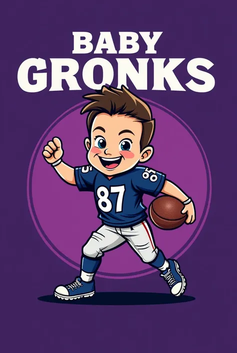 Flag football team logo. Purple background. It’s titled « Baby Gronks, flag football » the jersey number is 87