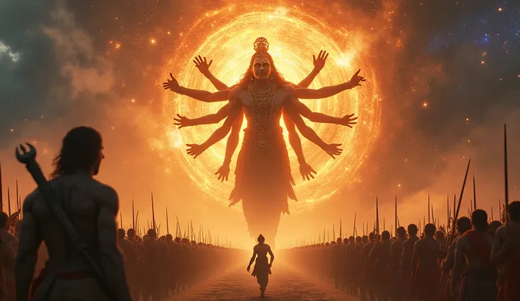 *"A breathtaking cinematic composition showcasing the dramatic color grading shift as Arjuna witnesses Lord Krishna’s Vishvarupa (Cosmic Form) on the battlefield of Kurukshetra. The scene begins with a warm, golden aura, bathing the surroundings in divine ...