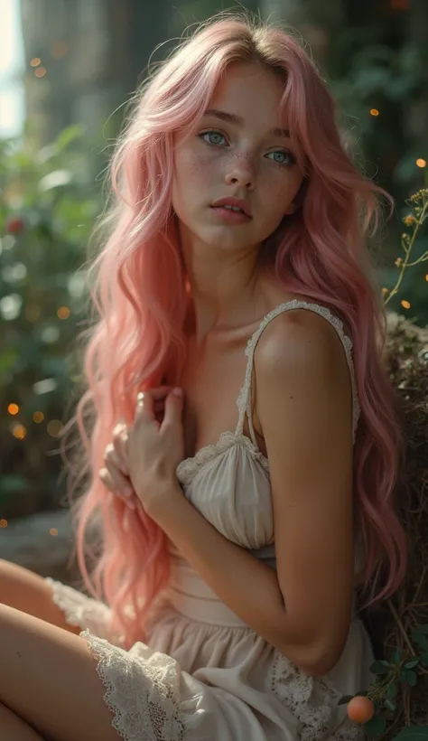 **" Young girl with long ,  silky pink hair sits in unusual ,  fascinating place .  Her big emerald eyes shine with soft light ,  and light freckles are scattered under them ,  giving her face tenderness and natural charm .  She is genuinely confused — her...