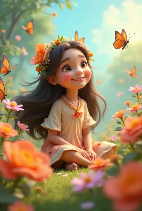 a  smiling girl with flowers and butterflies.cartoon 3d realistic image.