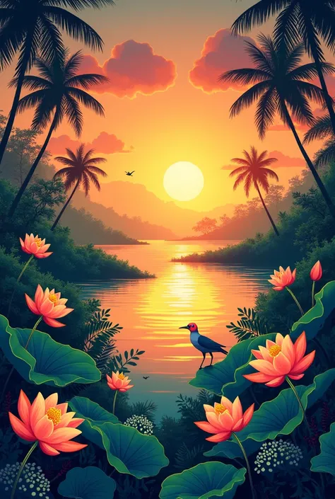 cover page design. realted to sri lankan culture. flowers, sunset,trees,birds.scover page style