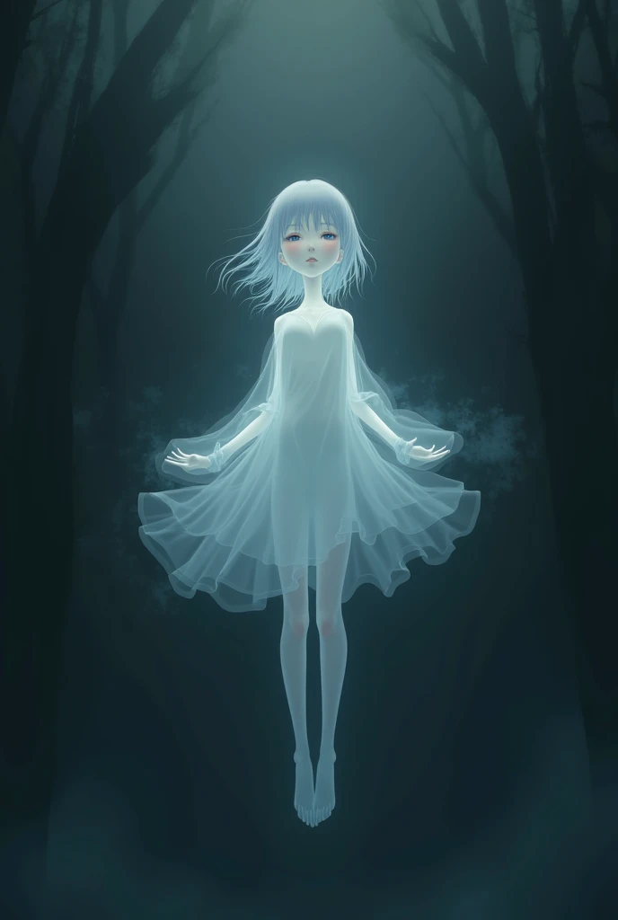 A anime ghost, girl, skinny, floating in the air