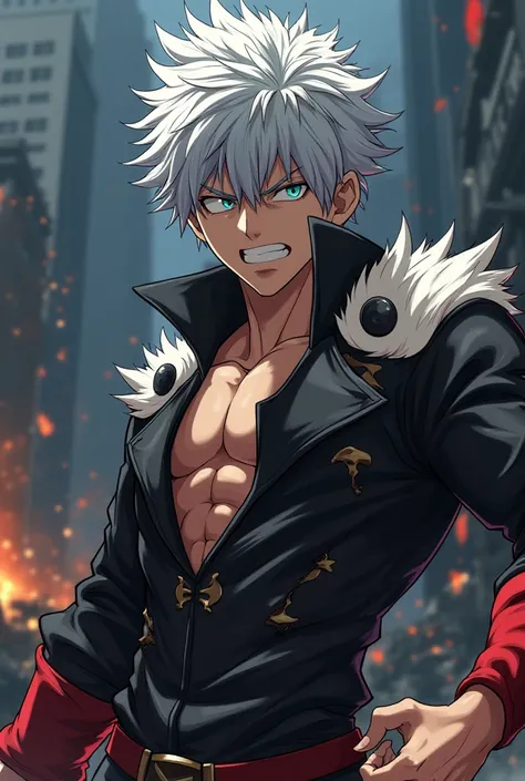  The character of the Garo anime from One Punch Man with his shaggy silver hair and sharp eyes, wearing a torn combat costume with prominent muscle details.  shows a fierce expression while in a dynamic combat situation, with dramatic lighting and a destro...